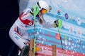 Mountain skier skiing down mount slope. Russian Alpine Skiing Championship, slalom
