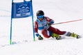 Mountain skier skiing down mount slope. Russian Alpine Skiing Cup, giant slalom