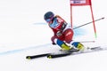 Mountain skier skiing down mount slope. Russian Alpine Skiing Cup, giant slalom