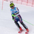 Mountain skier skiing down mount slope. Russian Alpine Skiing Cup, slalom