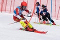 Mountain skier skiing down mount slope. Russian Alpine Skiing Cup, slalom