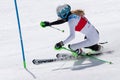 Mountain skier skiing down mountain slope. Russian Alpine Skiing Cup, slalom