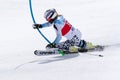 Mountain skier skiing down mountain slope. Russian Alpine Skiing Cup, slalom