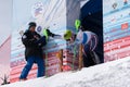 Mountain skier on start line. Russian Alpine Skiing Championship, slalom