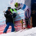 Mountain skier on start line. Russian Alpine Skiing Championship, slalom