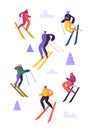 Mountain Skiing Characters in Goggles and Ski Suit. Winter Sports on Snow Landscape. Flat People Skiers Outdoor