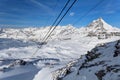 Mountain skiing - view from Plateau Rose at Matterhorn, Italy Valle d`Aosta Breuil-Cervinia Aosta Valley,Cervinia Royalty Free Stock Photo