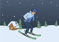 Mountain skiing, winter sport. Young man skiing on rural evening background. Vector illustration.