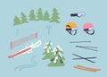 Mountain Slalom Items Sturdy Skis, Agile Poles, And A Snug-fitting Helmet, Glasses And Snowboards, Vector Illustration