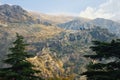 Mountain slope with ancient fortifications. Montenegro, Kotor. Autumn view of road to Kotor Fortress