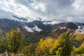 Mountain  slopes covered with forests and low thunderclouds in Svaneti in the mountainous part of Georgia Royalty Free Stock Photo