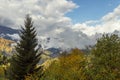 Mountain  slopes covered with forests and low thunderclouds in Svaneti in the mountainous part of Georgia Royalty Free Stock Photo