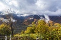 Mountain  slopes covered with forests and low thunderclouds in Svaneti in the mountainous part of Georgia Royalty Free Stock Photo