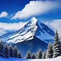 mountain with snow covered top and few trees in the foreground and clouds in Royalty Free Stock Photo