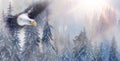 Mountain snowy landscape with eagle, graphic effect