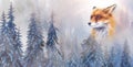 Mountain snowy landscape with fox, graphic effect