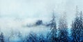 Mountain snowy landscape and snow covered trees, graphic effect