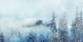 Mountain snowy landscape and snow covered trees, graphic effect