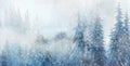 Mountain snowy landscape and snow covered trees, graphic effect