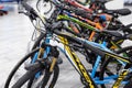 Mountain sports bikes stand in a row in a sporting goods store