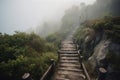 Mountain staircase in the morning foggy weather