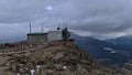 Mountain station of cableway near Jasper, Alberta, Canada in the Rocky Mountains surrounded by rocks on cloudy day in autumn.