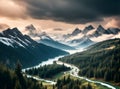 Mountain storm in cinematic coniferous flatlands.