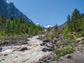 Mountain stormy river flowing from the melting winter snow. Awesome highland scenery with beautiful glacial streams among sunlit Royalty Free Stock Photo