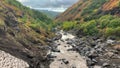 A mountain stormy river overflows between stones. Stunning autumn landscape.