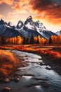 Mountain Stream in Autumn: Stunning colors and tall spires