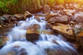 Mountain stream creek in the stones and green grass banks in mountain forest Royalty Free Stock Photo