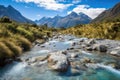 mountain stream, with crystal-clear water and plentiful fish, winding through scenic alpine valley