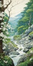 Mountain Stream And Flowers: A Stunning Oil Painting Inspired By Masamune Shirow And Paul Corfield