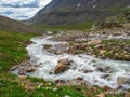 Mountain stream flows down from a glacier. Beautiful alpine land Royalty Free Stock Photo