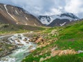 Mountain stream flows down from a glacier. Beautiful alpine landscape with a fast river. The power of the majestic nature of the Royalty Free Stock Photo