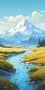 Hyper-detailed Illustration Of A Light Amber And Azure River With Mountains