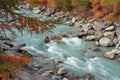 Mountain stream in the forest in autumn. Gornera river, near Gorner gorge, Zermatt, Canton of Valais, Switzerland.