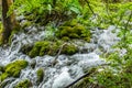 Mountain Stream in the Forest at Plitvice Lakes National, Croatia. Water Flows through the Mossy Stones Trees forming Waterfalls Royalty Free Stock Photo