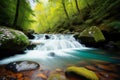 Mountain stream in the forest. Soft focus. Long exposure. generative ai