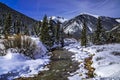 Mountain stream with fresh snow on sunny day Royalty Free Stock Photo