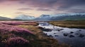 Meadow Of Laguna Beach: Dark Pink And Violet Landscape With River, Mountain, And Flower