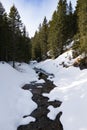 Mountain stream makes its way through melting snow