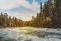 Mountain stream with rapids in green forest at spring time. Toned image. Mountain river flows in the forest. Beautiful wildlife Royalty Free Stock Photo