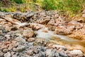 Mountain stream among the rocks in forest, blurred movement of water