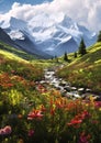 Mountain Stream Running Through a Wildflower and Snow Scene Royalty Free Stock Photo