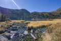 A mountain stream runs to the alpine lake