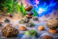 Mountain stream stones balanced, surreal sunrise Royalty Free Stock Photo