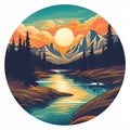 Mountain Stream Sunset Artwork In Round Frame