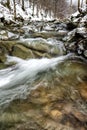 Mountain stream in winter scenery. Prowcza Stream, Bieszczady National Park, Carpathian Mountains, Poland. One of the most popular Royalty Free Stock Photo