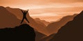 Mountain success Concept. Happy young man Jumping on the top of maintain at sunset time. Royalty Free Stock Photo